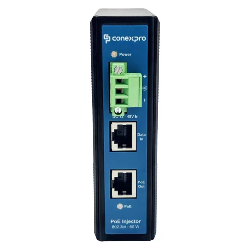 Conexpro, Gigabit PoE injector for DIN rail, input 12-48V DC, 802.3af/at/bt, 60W
