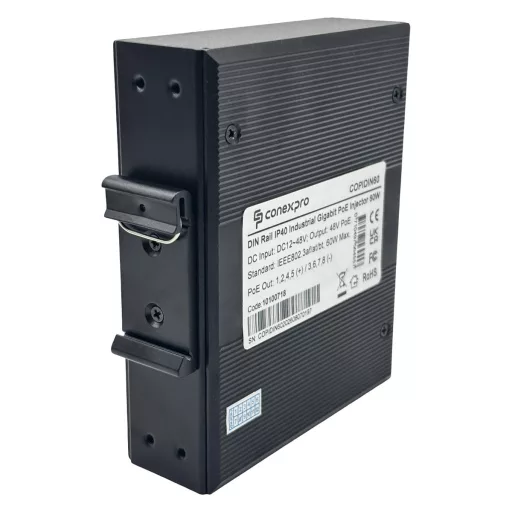 Conexpro, Gigabit PoE injector for DIN rail, input 12-48V DC, 802.3af/at/bt, 60W