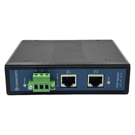 Conexpro, Gigabit PoE injector for DIN rail, input 12-48V DC, 802.3af/at/bt, 60W